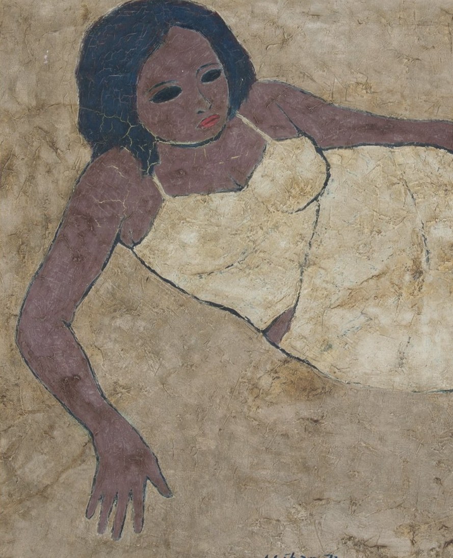 Schilderij van Jeihan met het kenmerkende zwarte-ogen-motief, 1972